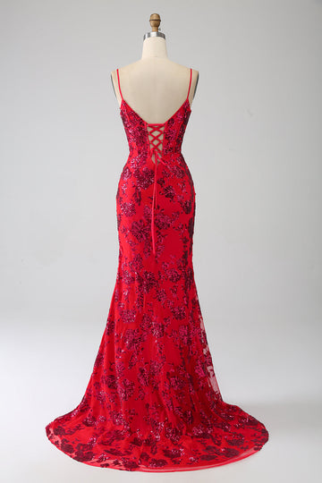 Mermaid rosso scuro paillettes abito da ballo con fessura